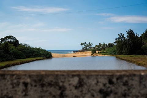 A view of Waimea Beach from the highway, Oahu, Hawaii, United States, North America