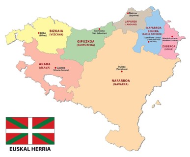 Administrative of the french and spanish part of the basque country with flag