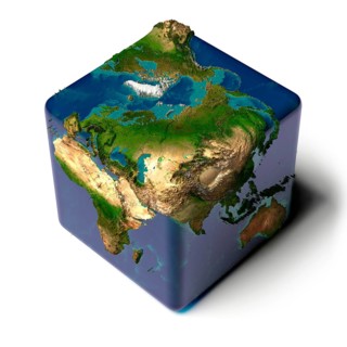 Earth as a cube with a shadow, with a translucent water, detailed relief map of the continents and