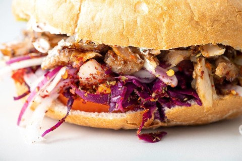 Closeup of a doner kebap in pita bread