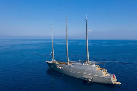 Aerial view 143 metre long three-master Sailing Yacht A, the largest sailing yacht in the world,