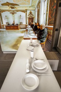 Old picture and real table, refectory, museum, Ottobeuren Monastery, Allgäu, Swabia, Bavaria,