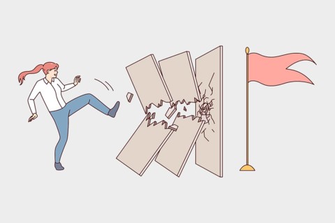 Determined woman break wall with leg kick. Motivated businesswoman find way to overcome obstacles