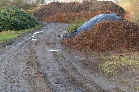 Muddy road leading to piles of wood chips and compost at a composting facility