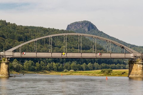 View of the Elbe with railway bridge near Bad Schandau
