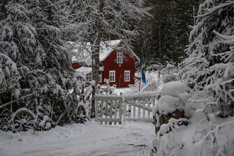 Typical red Swedish house. Wooden house in a winter landscape with ice and snow. Small settlement