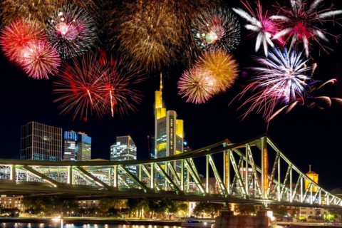 Fireworks at the skyline of Frankfurt at night