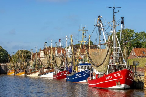 Crab cutter with crab net in the harbour of Greetsiel, Greetsiel, East Frisia, North Sea, Lower