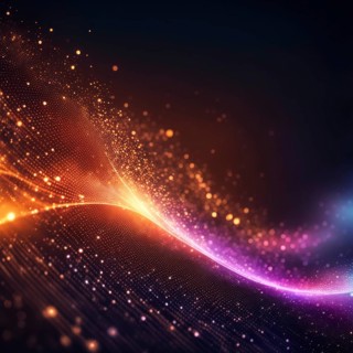 Colorful abstract digital art with glowing orange and purple waves intertwined with sparkling