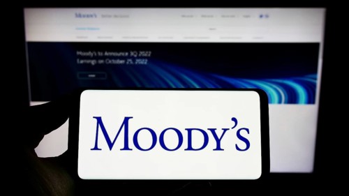 Stuttgart, Germany, 10-09-2022: Person holding cellphone with logo of rating company Moody's