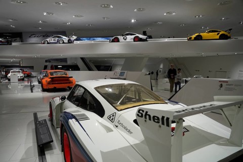 Various historic racing cars on two exhibition levels in the museum, New Porsche Museum 2009,