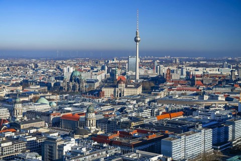 Aerial view, TV tower, Leipziger Straße, Friedrichstraße, Berlin Cathedral, Gendarmenmarkt, Berlin