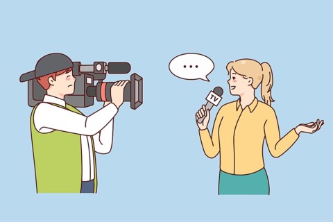 Cameraman shooting woman journalist doing reportage. Professional operator filming female reporter