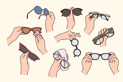 Collection of people holding various glasses for eyesight correction. Set of person hands with