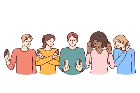 Group of multiethnic people show stop gestures not wanting to accept discrimination. Multi-ethnic