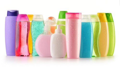 Composition with plastic bottles of body care and beauty products