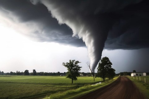 A tornado moves with great destructive force over agricultural land, road, natural disaster,