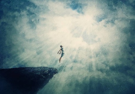 Beautiful painting with a person jumping off a cliff into the clouds. Surreal scene of a boy flying