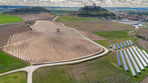Peñafiel, Valladolid, Spain: aerial view of the Peñafiel castle in the Ribera del Duero appellation