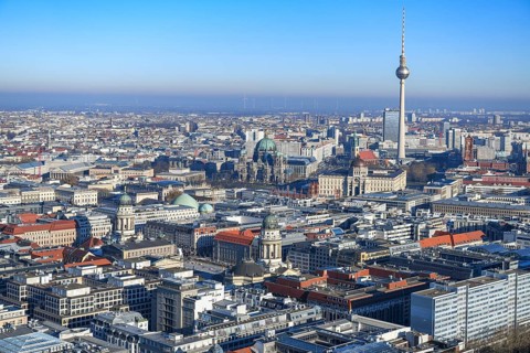 Aerial view, TV tower, Leipziger Straße, Friedrichstraße, Berlin Cathedral, Gendarmenmarkt, Berlin