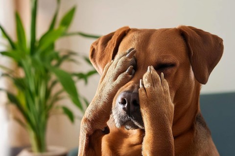 A dog covers its eyes with its paws as if it were hiding, ai generated, AI generated, AI generated