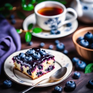 Blueberry cake piece with tea cup, scattered blueberries, and dessert plates on wooden table,