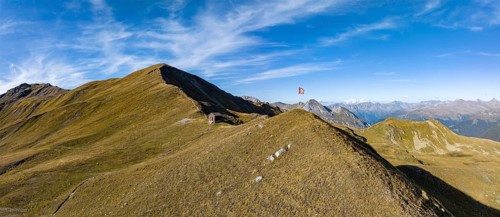 Chörbschhorn and Chörbschhornhütte with Swiss flag, aerial view, Davos, Grisons, Switzerland,