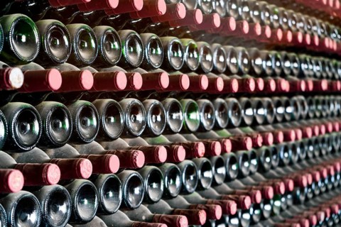 Many bottles in a row stacked on a winery shelf, Lanzarote, Spain, Europe