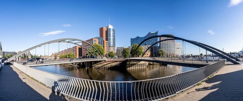 Panoramic view between the Niedehrbaumbrücken in the Hafencity, view over the Niederhafen to the