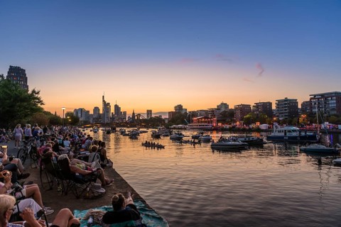 Europe Open Air Concert at the Weseler Werft in front of the Skyline am Main, Deutschherrnufer,