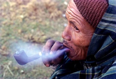 A khasi old man enjoying smoking, Meghalaya, India, Asia