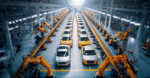 Car production at a factory, a conveyor belt for creating new cars, modern robotic technologies, AI