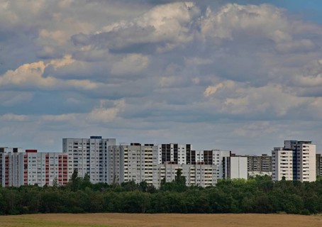 View from the south of residential buildings in the Gropiusstadt housing estate, Neukölln district,