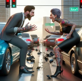 Business tatooed fashionista woman and man quarrel argue in the street after car crash in the city