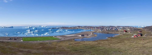 Qeqertarsuaq, Greenland, July 06, 2018: Panoramic view of Qeqertarsuaq on the Disko Island, North