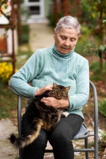 Older woman sitting chair petting cat