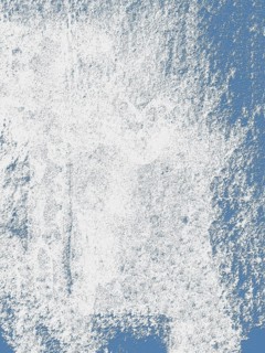 Abstract artwork featuring a rough texture of white paint smeared over a blue canvas, creating a