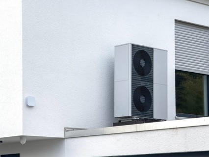 Heat pumps on the garage roof of a detached house in Hilden, Germany, Europe