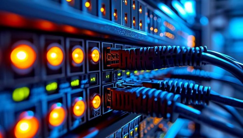 Close-up of network cables and LED lights on server racks in a data center, AI generated