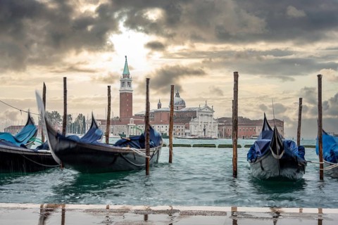 Moored Gondolas during High Tide at the St Marks Square, Venice, Italy, Europe