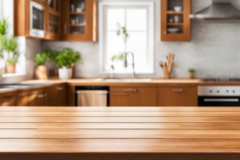 A bright kitchen with wooden countertops and cabinets, natural light, and potted plants, AI