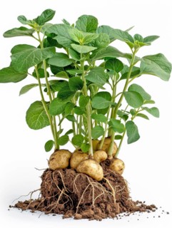 Cluster of potato plants showing roots and green leaves growing in soil, AI generated