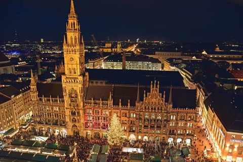 Europe, Germany, Bavaria, Munich, View from St Peter's, Marienplatz, Christmas, New Town Hall,