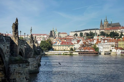 View from Charles Bridge towards the St Vitus Cathedral in Prague