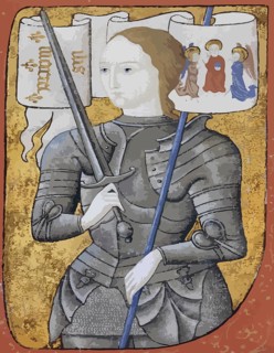 Saint Joan of Arc illustrated illumination in colour. Joan D'Arc in armour holding a sword. Sainted