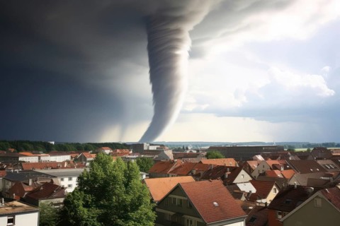 A tornado moves towards a housing estate with great destructive force, tornado, severe weather,