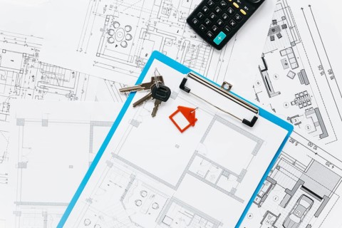 Overhead view real estate supplies desk
