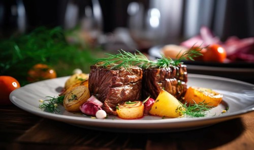 Roast beef with vegetables on a white plate. Selective focus Ai generated