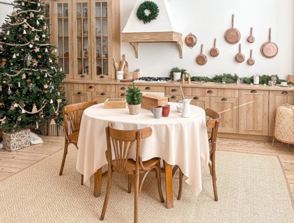 Modern, light, festive, cozy kitchen interior with Christmas and New Year decorations, kitchen