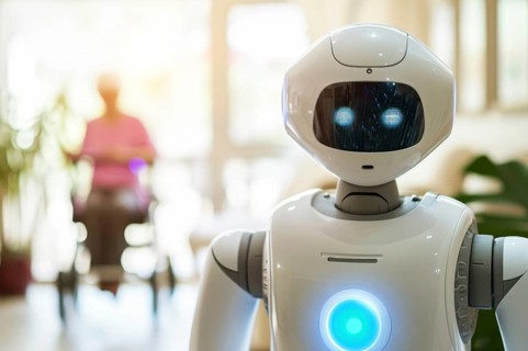 A friendly white care robot helps in a retirement home, senior with rollator, walking aid for